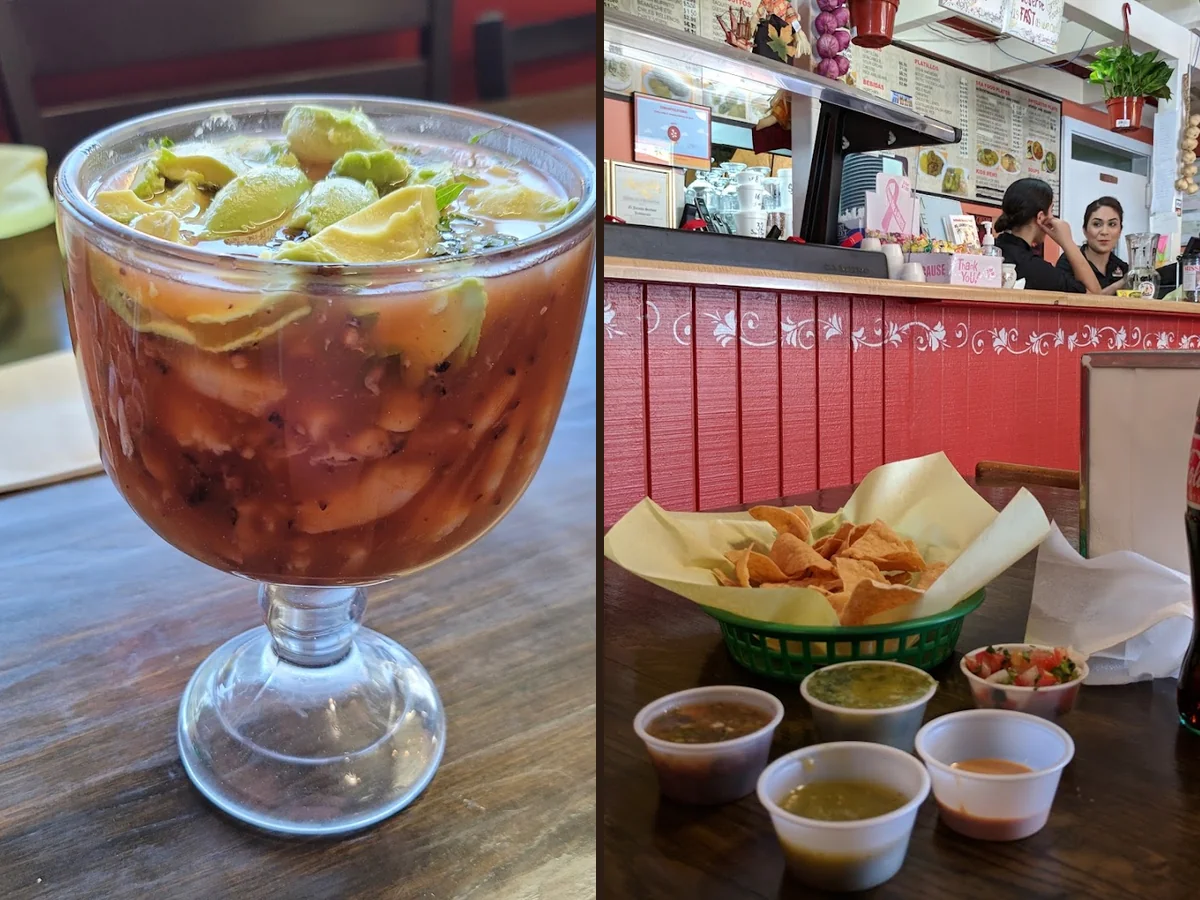 Outdoor seating beside a Mexican seafood restaurant.