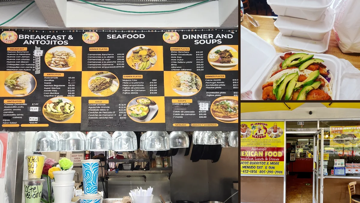 Simple restaurant interior with seating and bright menu boards.